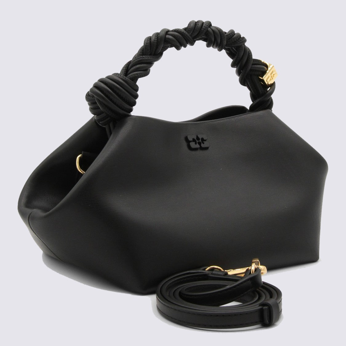 Ganni Geometric Black Bag With Twisted Handle And Gold Accents