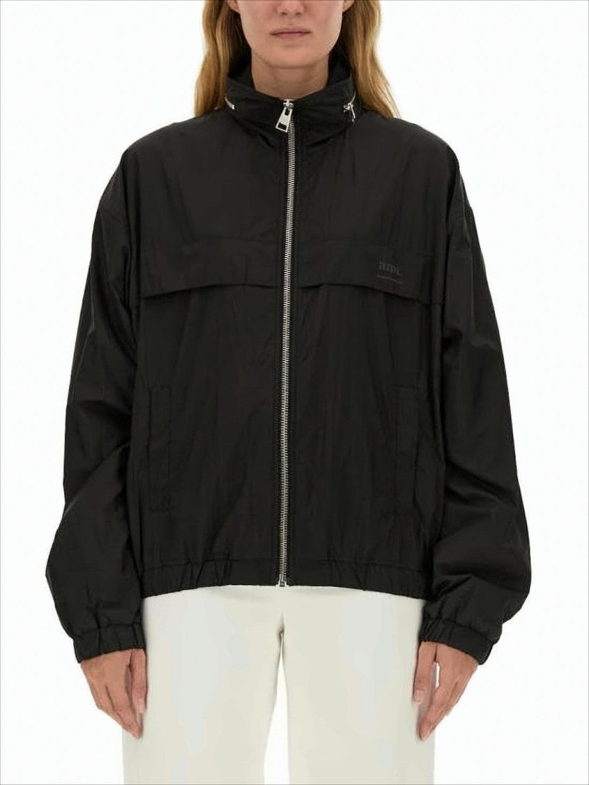 Ami High-Collar Polyamide Jacket With Elastic Hem And Cropped Fit
