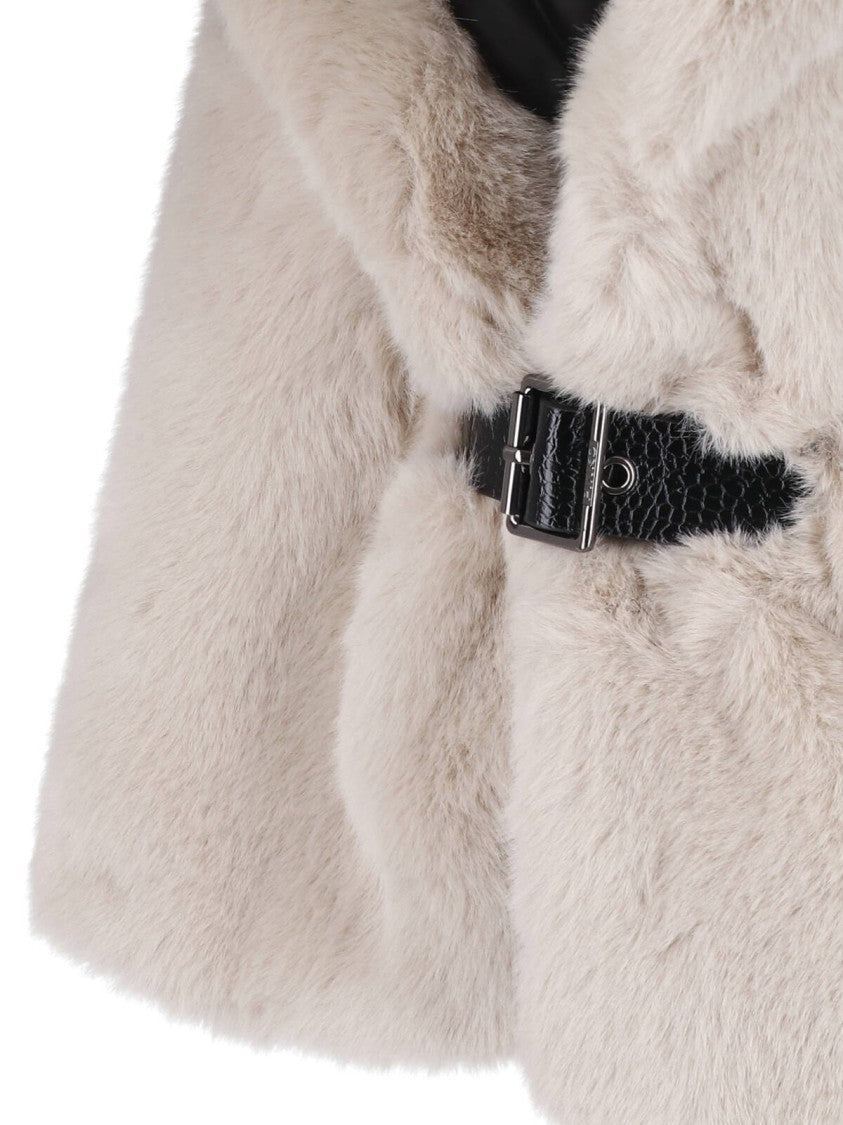Pinko Beige Belted High Collar Faux Fur Jacket