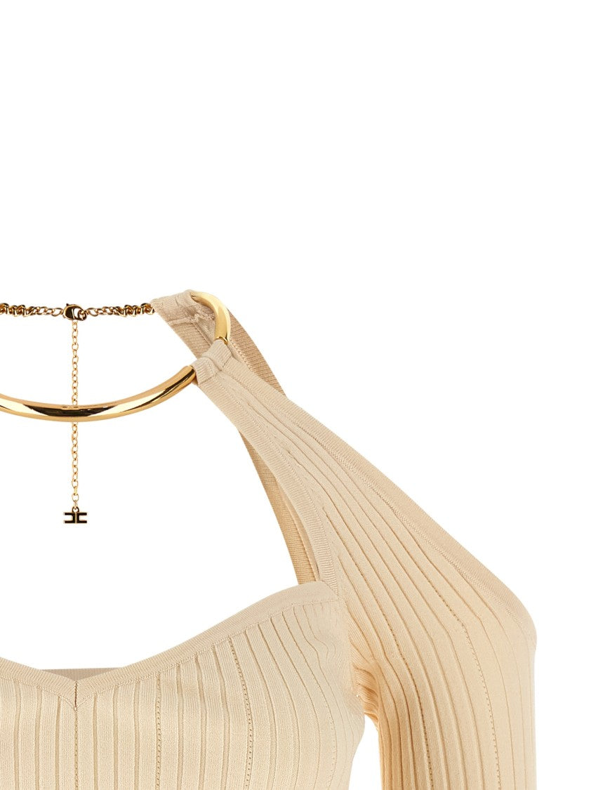 Elisabetta Franchi Ribbed Off-The-Shoulder Sweater With Metal Necklace