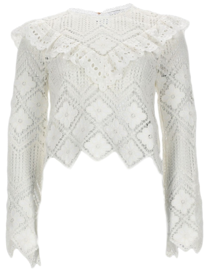 Self-Portrait Cropped Keyhole Button Crochet Top