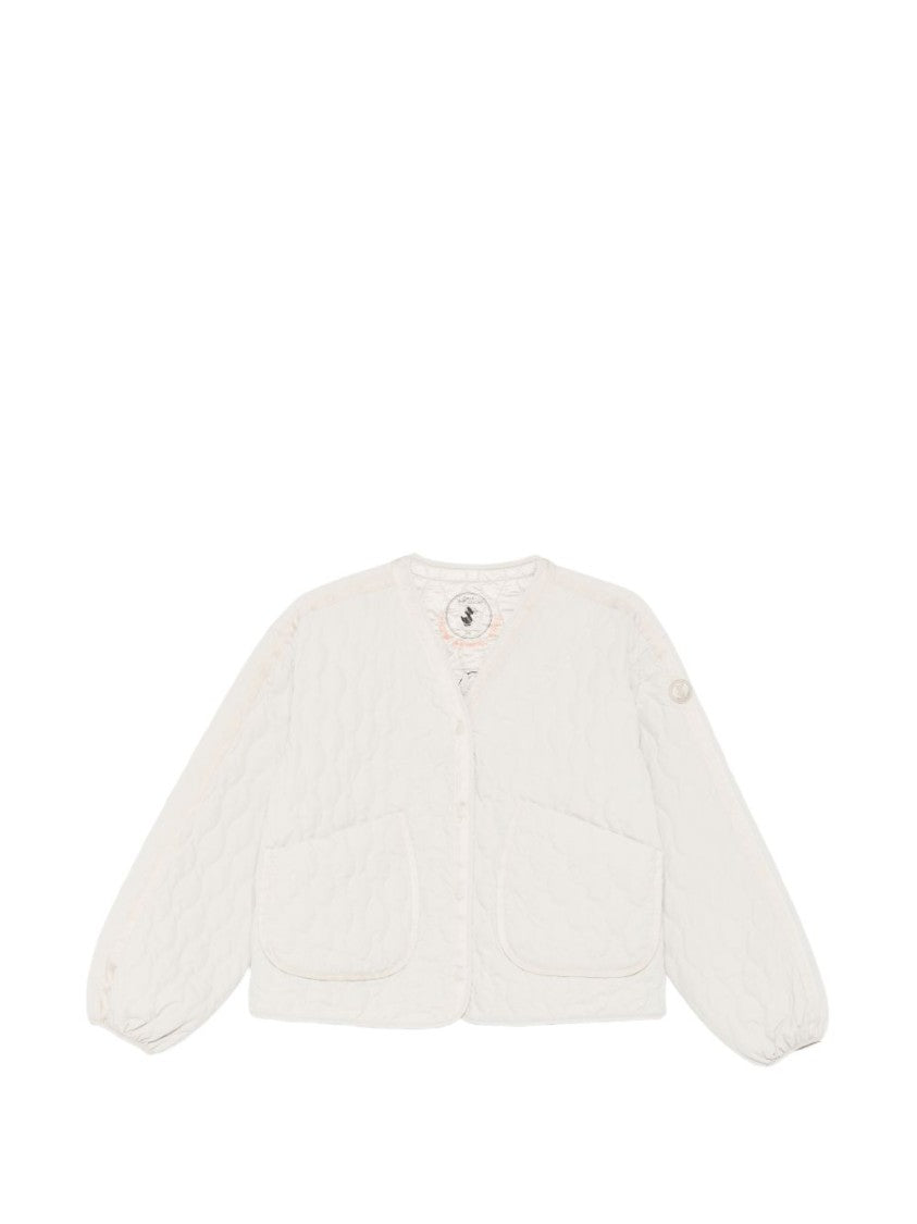 Save The Duck Wave-Quilted V-Neck Coat With Logo Patch And Patch Pockets