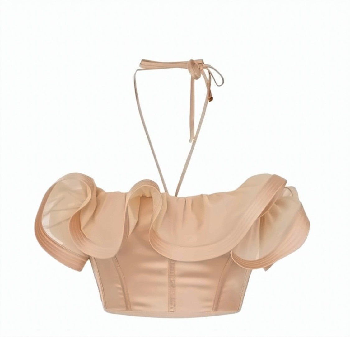 Elisabetta Franchi Satin Bandeau Tulle Maxi Ruffles Top