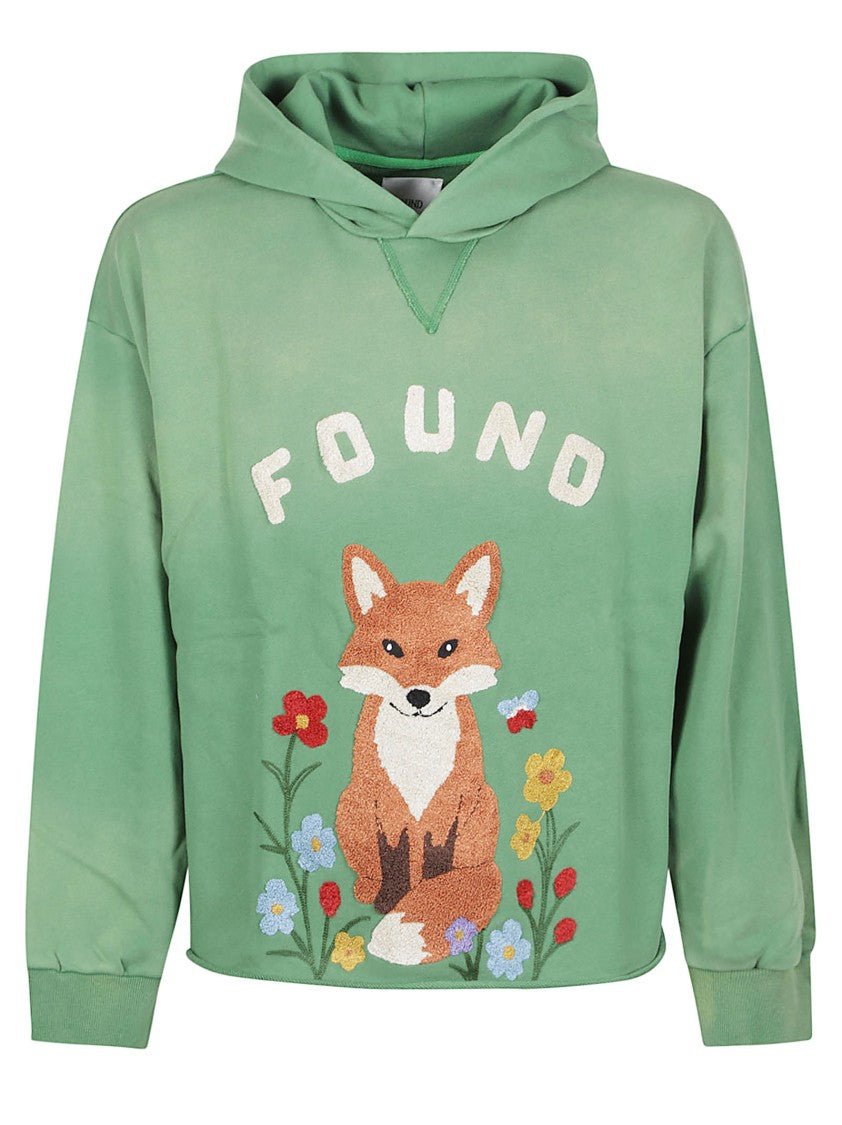 Found Embroidered Fox Floral Hooded Cotton Sweatshirt