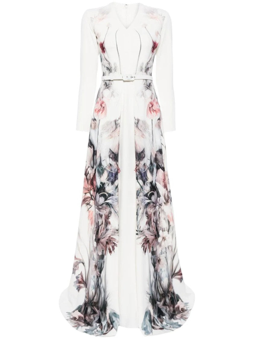 Saiid Kobeisy Crepe Flowers Printed Kaftan With V Neckline