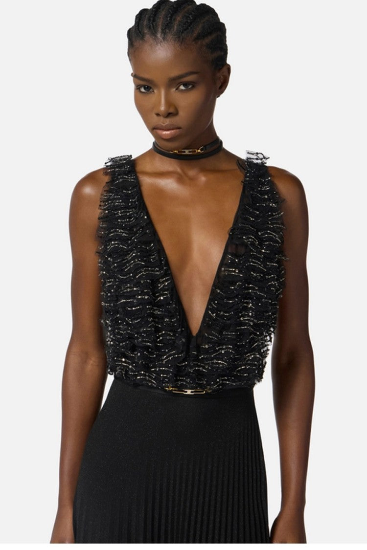 Elisabetta Franchi Black Sheer Lace Bodice Pleated Viscose-Blend Maxi Dress