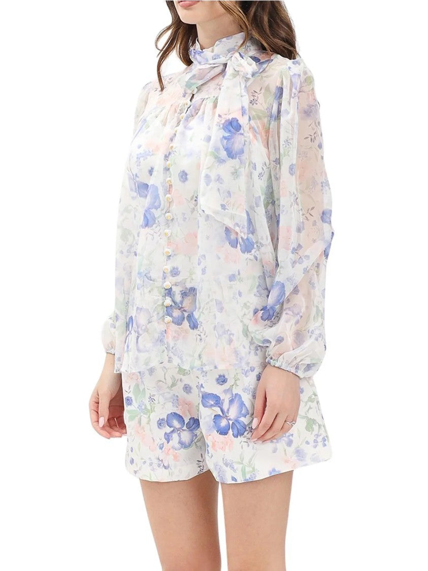Oui,Odile! White Blue Cotton Polyester Blouse Set