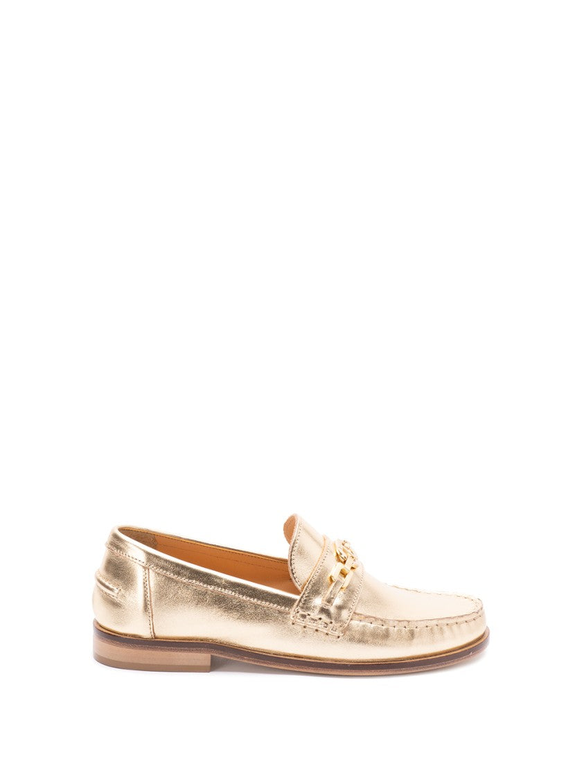 Twin-Set Gold Metallic Loafers With Decorative Chain Detail