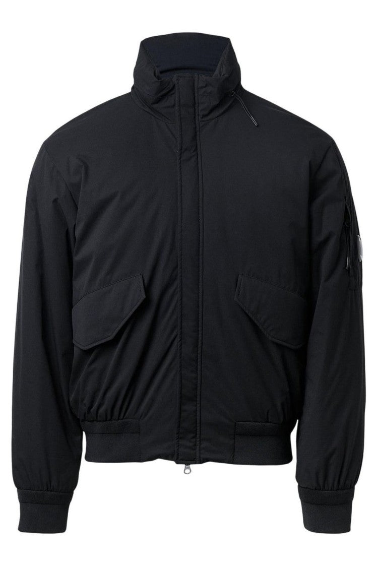 C.P. Company Padded Black Jacket With High Collar And Logo Detail