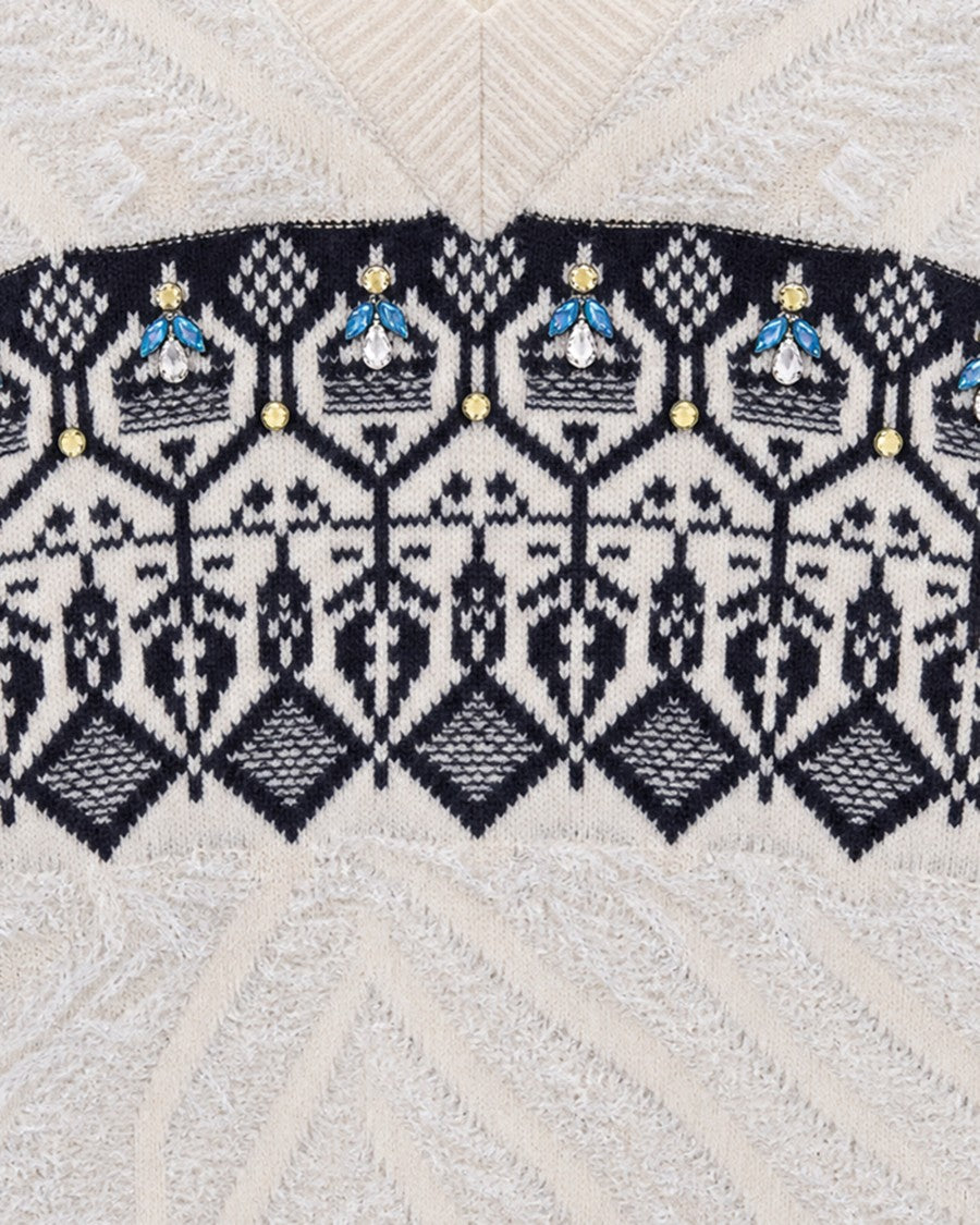 Liu Jo Natural Beige Fair Isle V-Neck Sweater
