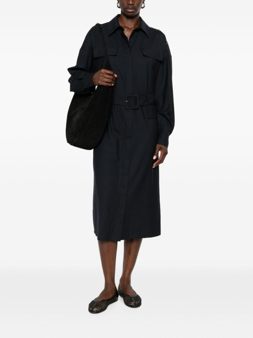 Fabiana Filippi Black Pointed Collar Fabric Belt Midi Dress