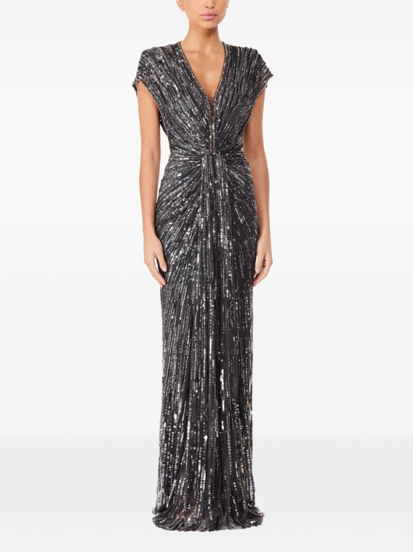 Jenny Packham Long Grey Sequined Tulle Maxi Dress