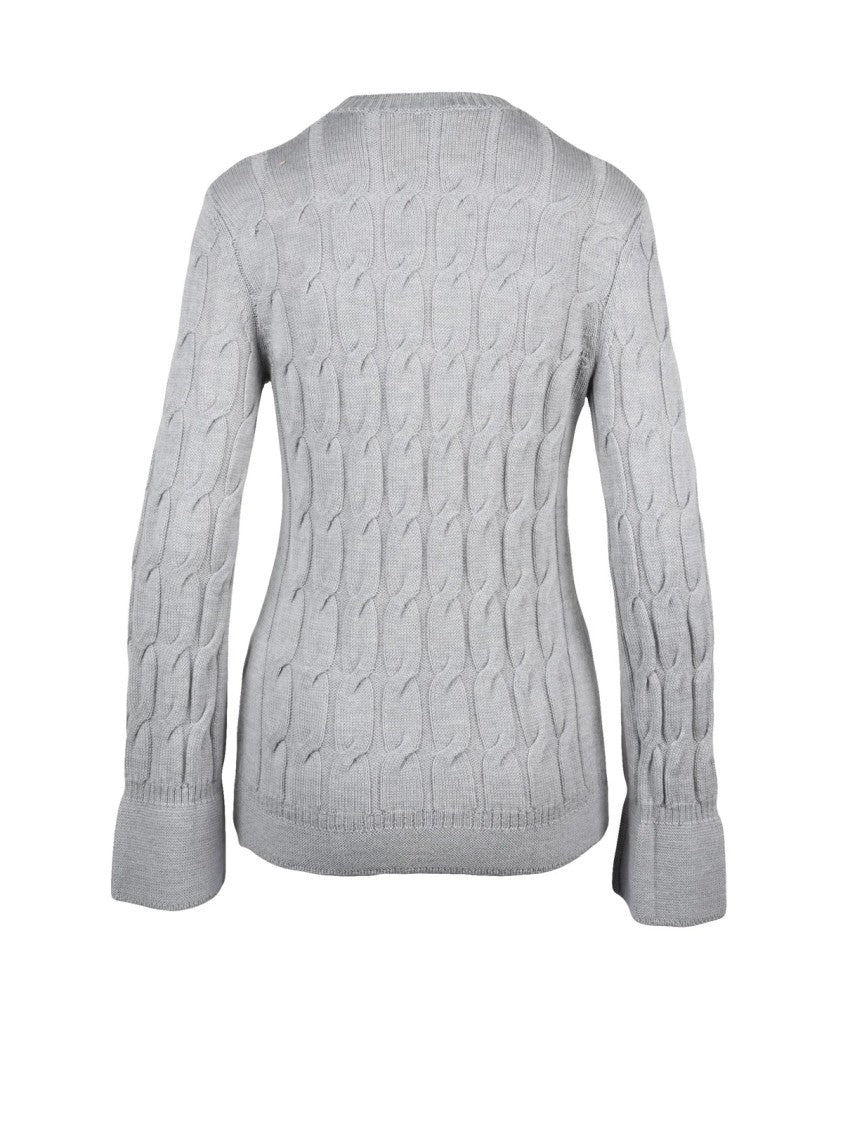 Mm By Max Mara Cable Knit Crewneck Sweater In Light Grey Wool