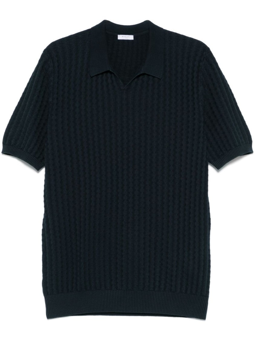 Boglioli Textured Black Polo With Classic Collar