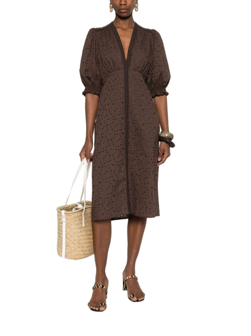 Twin-Set Brown Lace Trim Puff Day Dress