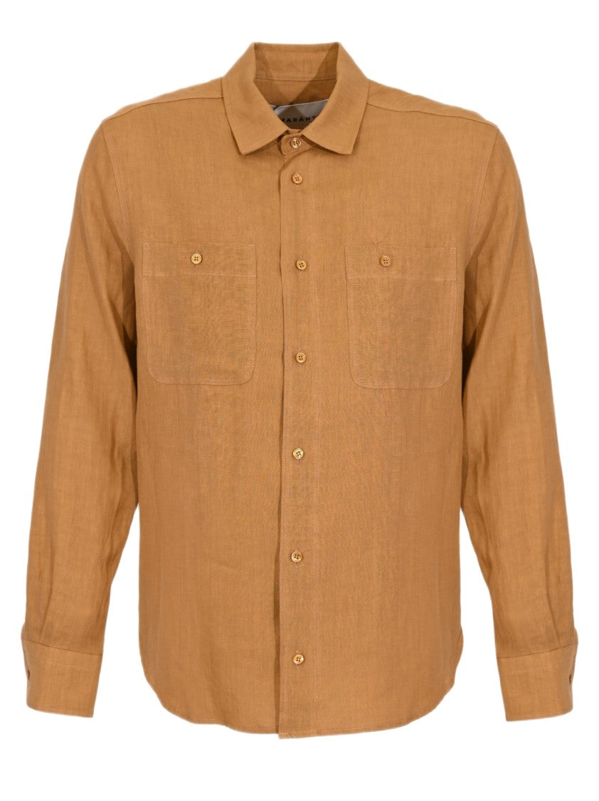 Amaranto Relaxed-Fit Beige Long-Sleeved Shirt With Classic Collar