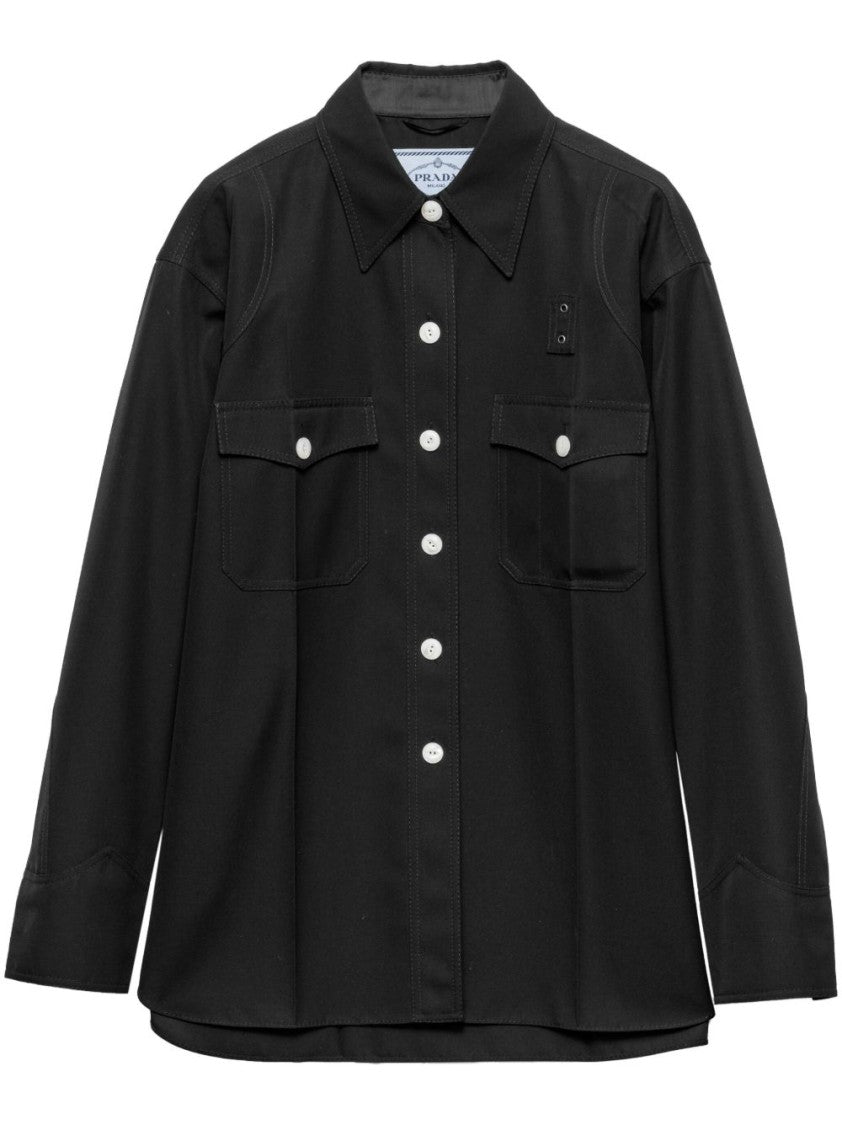 Prada Wool Gabardine Coat With Classic Collar And Flap Pockets
