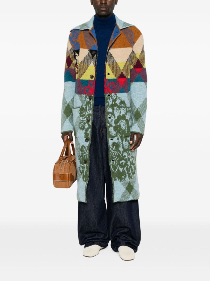 Dries Van Noten Mid-Length Diamond Patterned Coat With Structured Collar