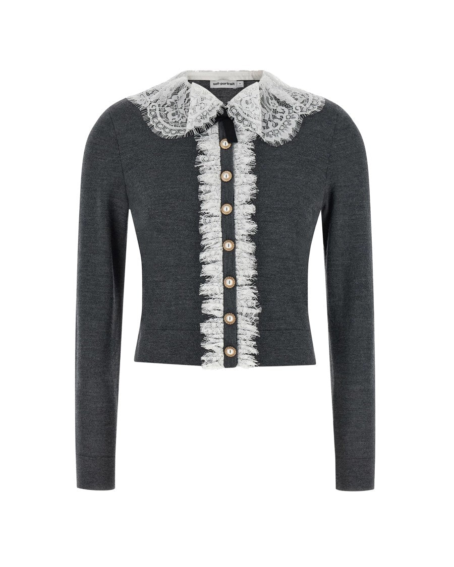 Self-Portrait Grey Lace Collar Wool Cardigan