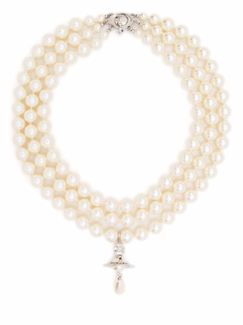 Vivienne Westwood Multi-Strand Pearl Necklace With Silver-Toned Clasp And Charm