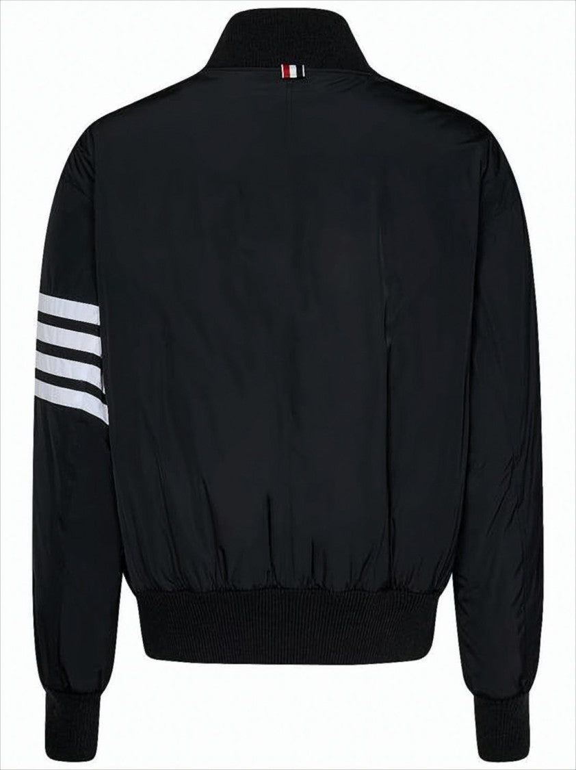 Thom Browne Sleek Black Bomber Jacket With Bold Stripe Detail
