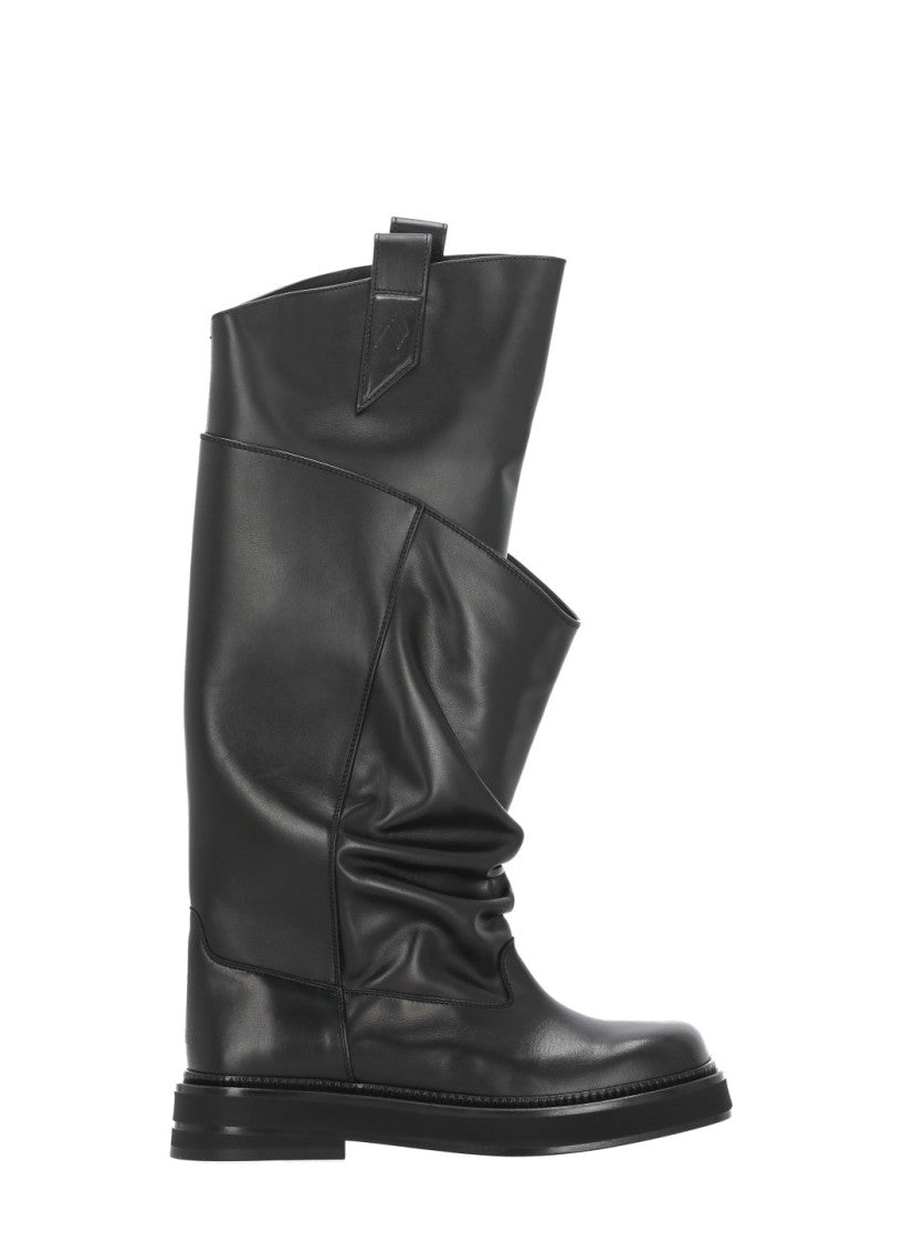The Attico Black Square Toe Draped Leather Boots