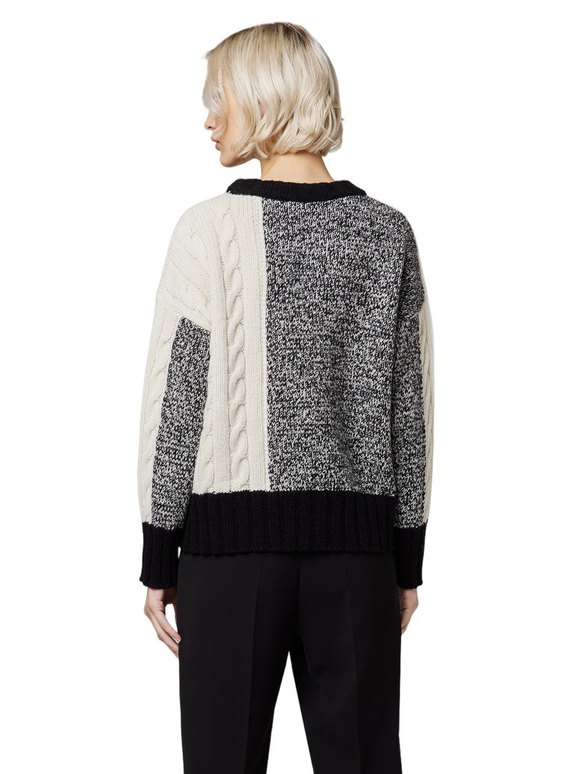 Alpha Studio Cable Knit Patchwork Long-Sleeve Crewneck Sweater
