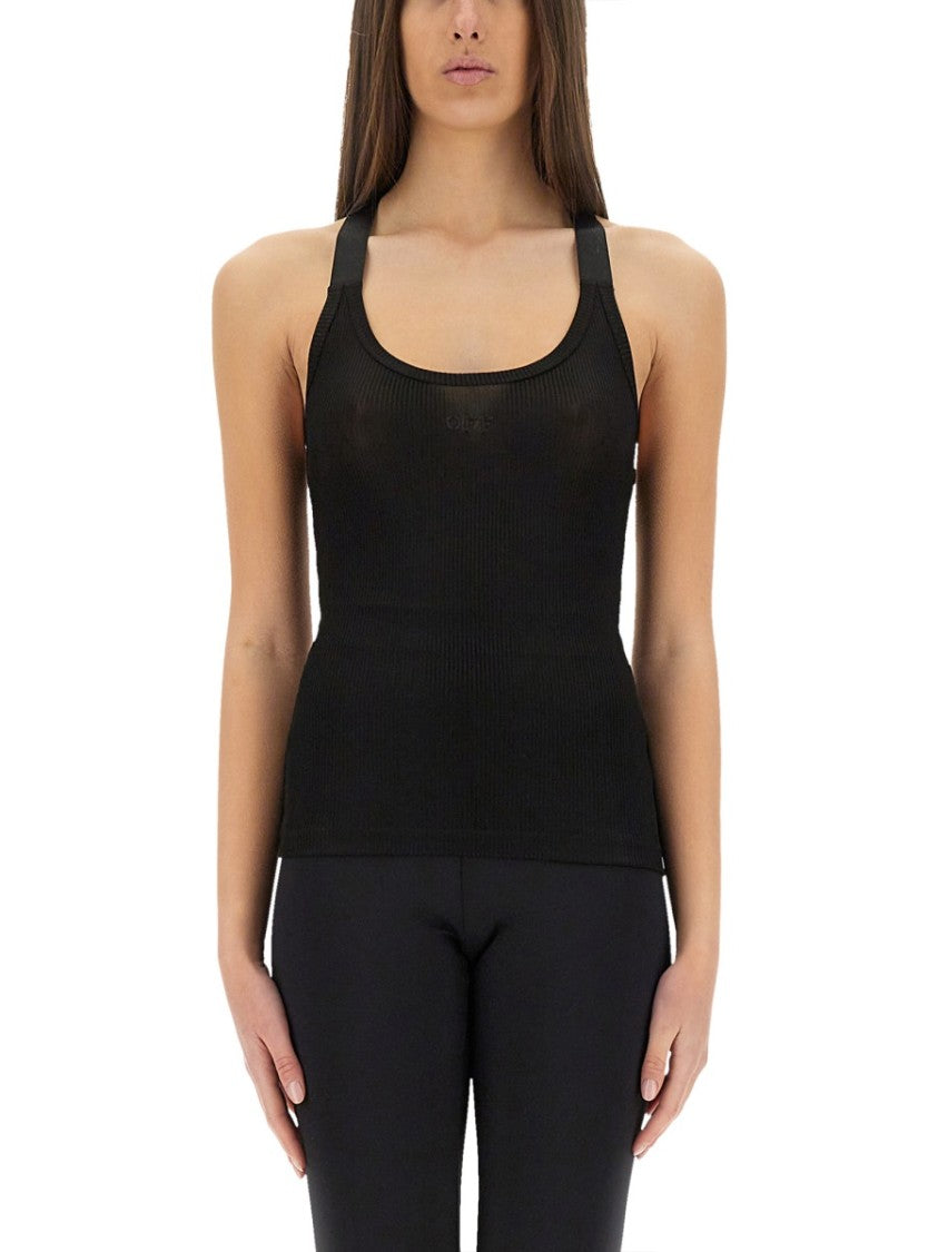 Off-White Slim Fit Ribbed Top With Cross-Strap Design