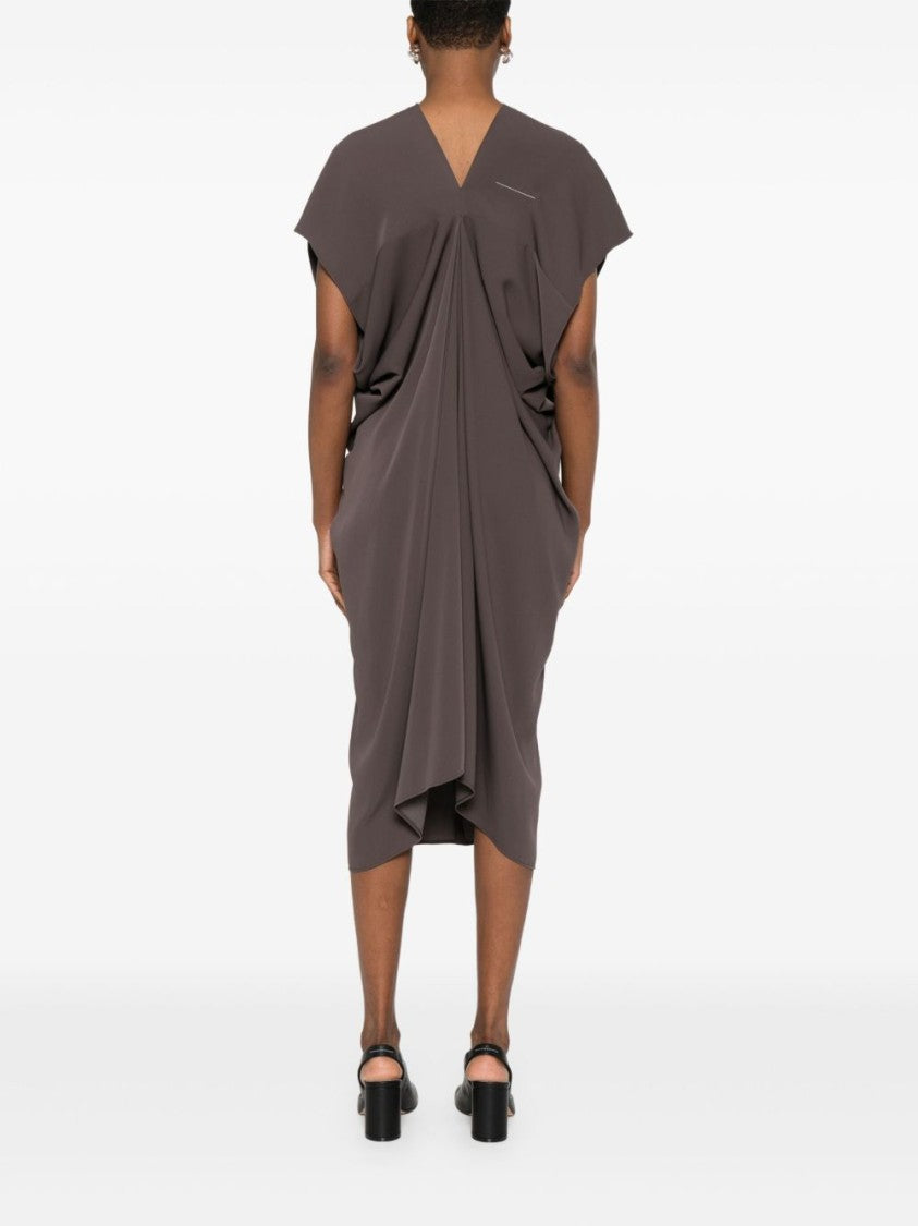 Mm6 By Maison Margiela Draped Grey Midi Dress With V-Neckline
