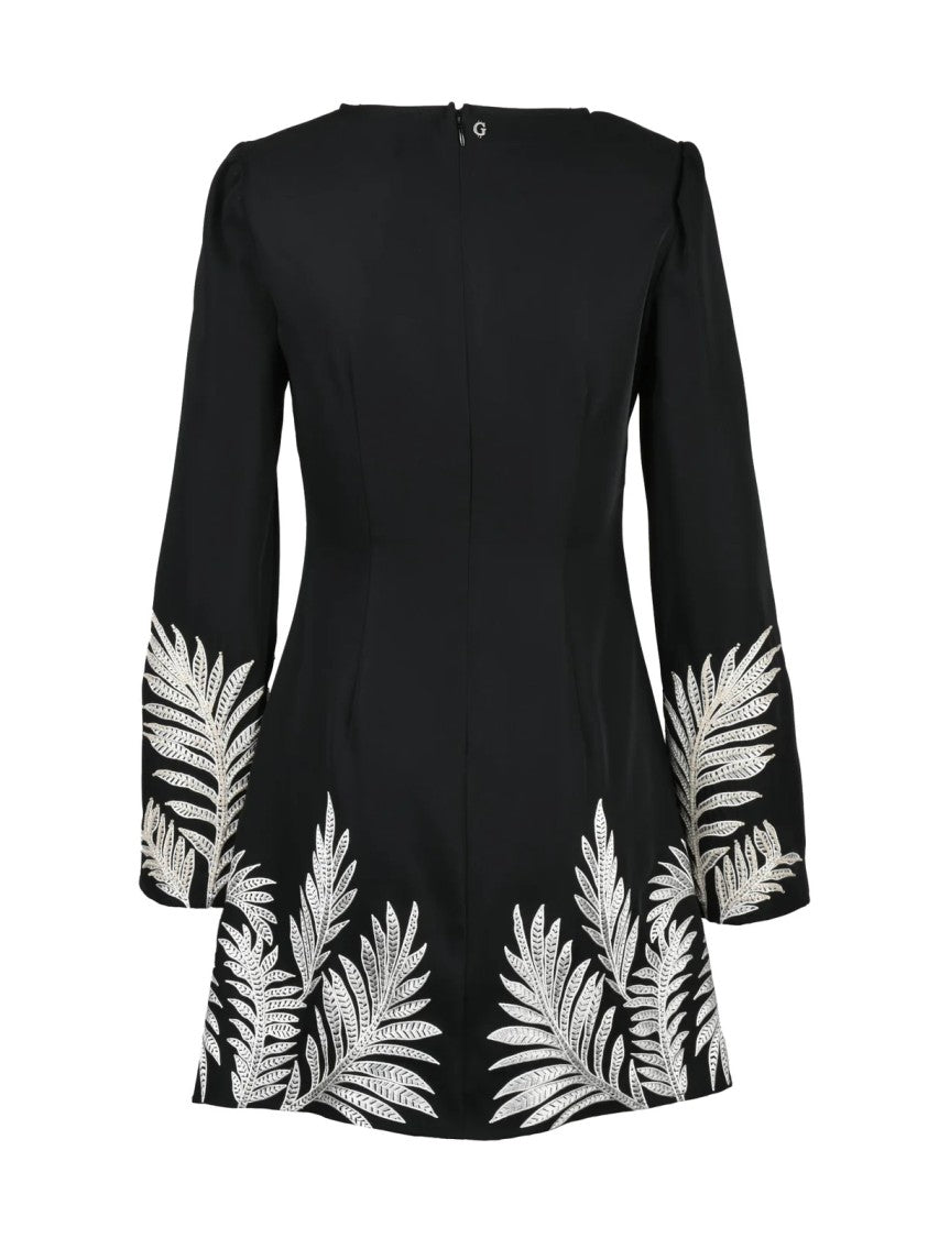 Guess Flared Mini Dress With Textured Leaf Embroidery