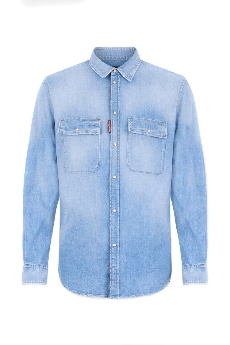 Dsquared2 Light Blue Flap Pocket Red Side Tab Cotton-Blend Denim Shirt