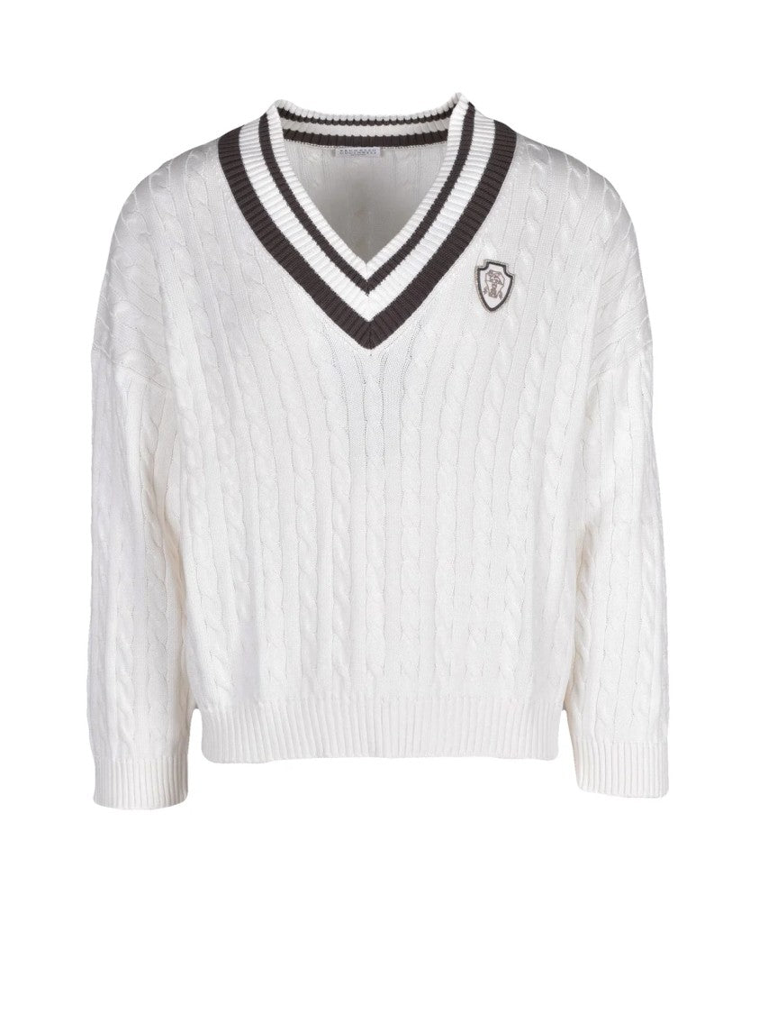 Brunello Cucinelli Short V-Neck Sweater With Cable Knit And Contrast Trim