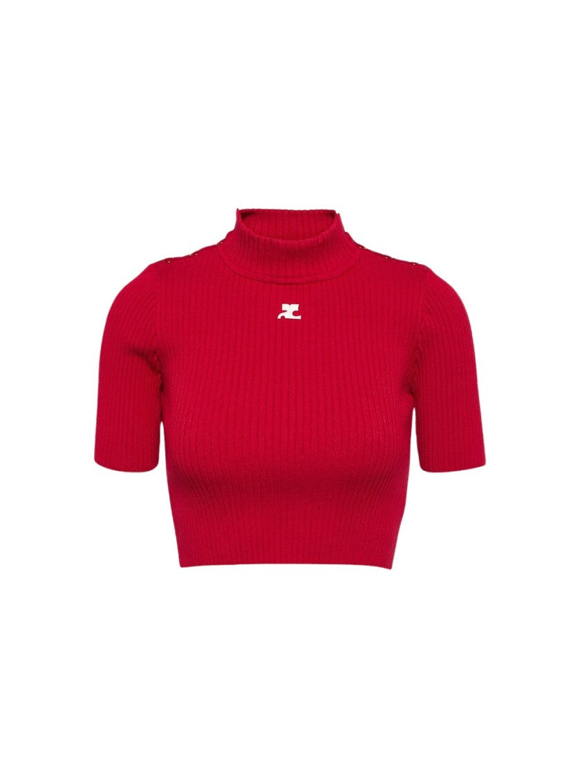 Courrèges Shoulder Snaps Rib Knit Cropped Sweater Top
