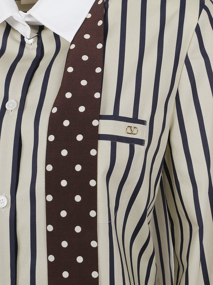 Valentino Garavani Vertical Stripe Cotton Shirt With Integrated Scarf Detail