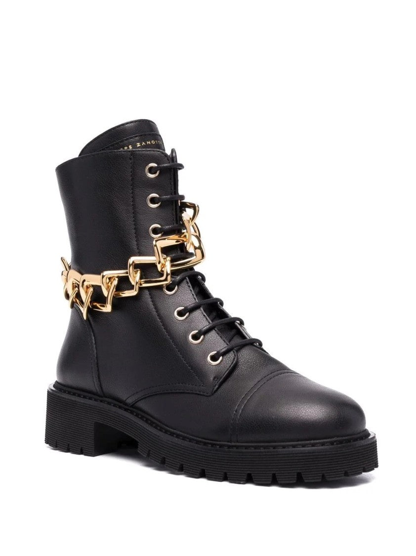 Giuseppe Zanotti Black Leather Biker Boots With Oversized Gold Chain Detail