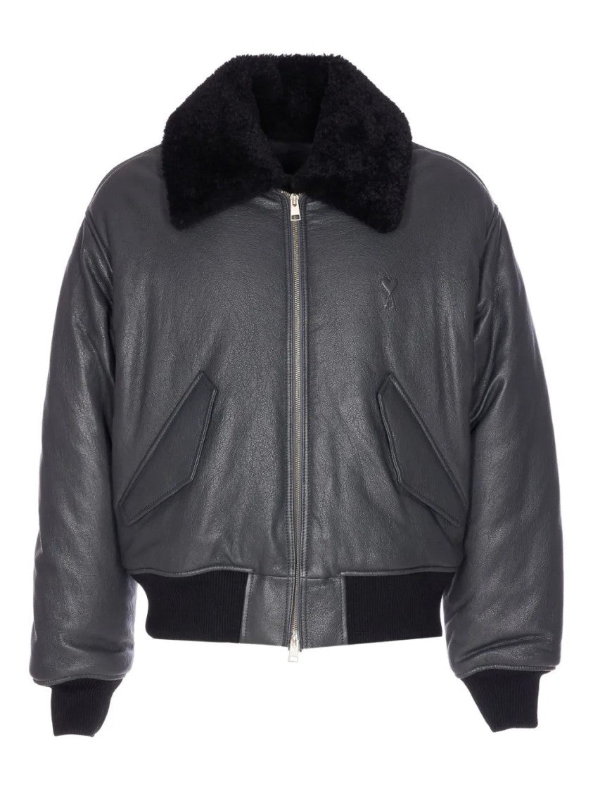 Ami Zip-Up Leather Bomber Jacket