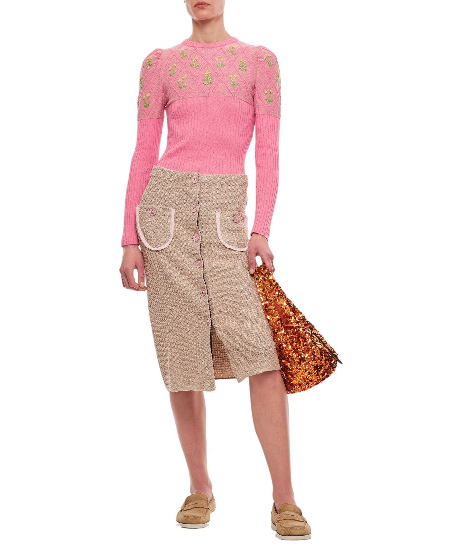 Cormio Beige Knit Midi Skirt With Embroidered Flower Pockets