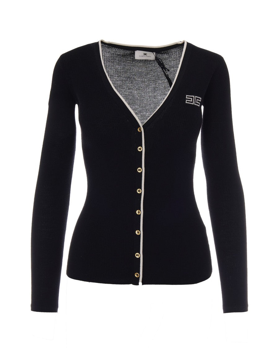 Elisabetta Franchi Black Ribbed Wool V-Neck Cardigan