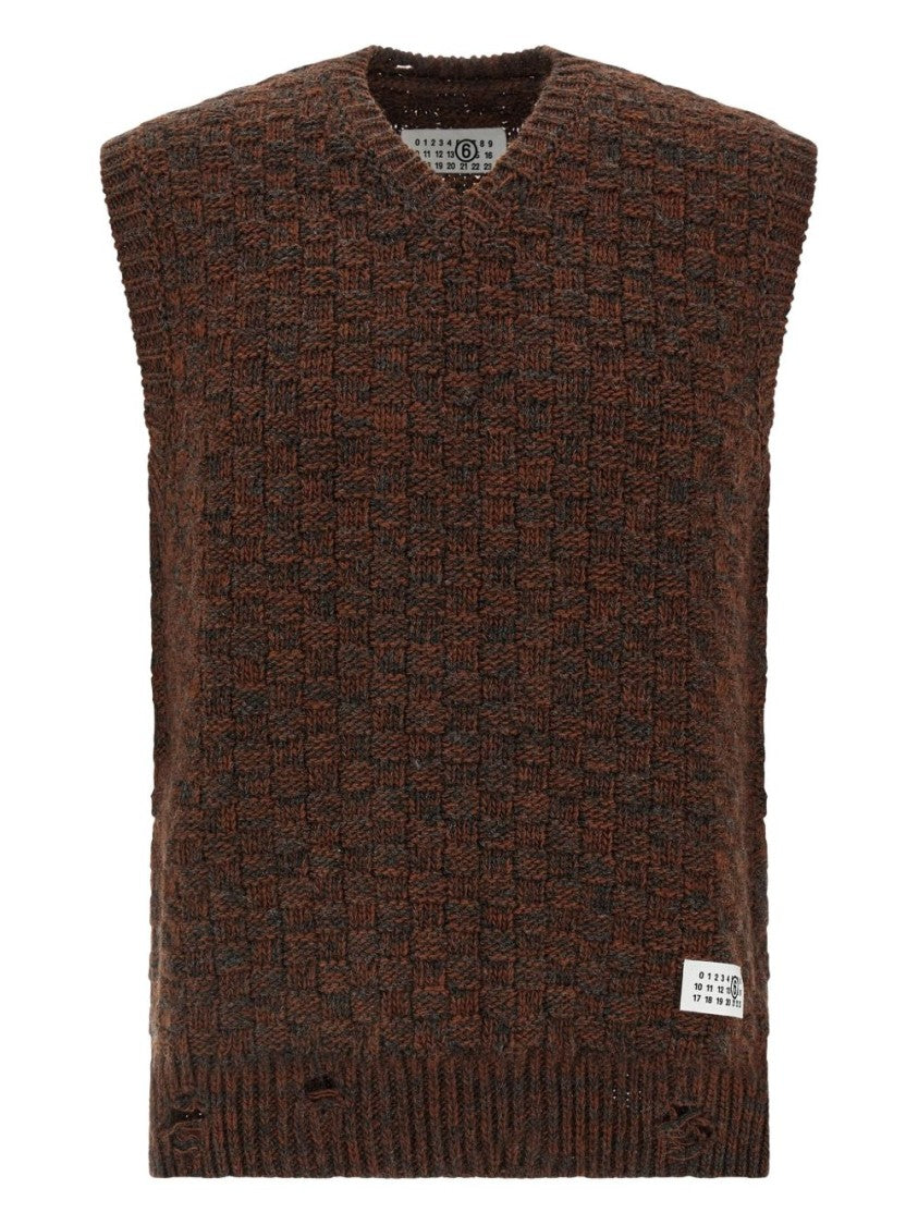 Mm6 By Maison Margiela Textured Brown Knit Gilet With Checkerboard Pattern