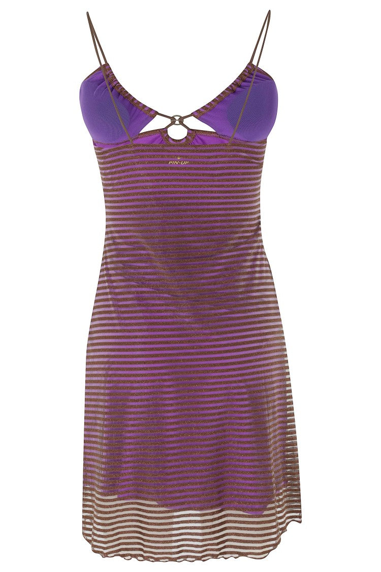 Pin-Up Purple Gold Lamé Striped Cut-Out Viscose Mini Dress