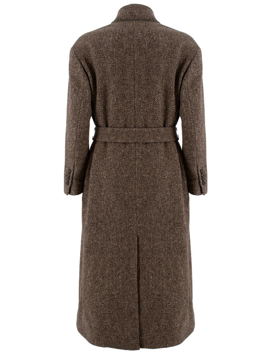 Brunello Cucinelli Waist Belt Wool And Cashmere Blend Coat In Brown