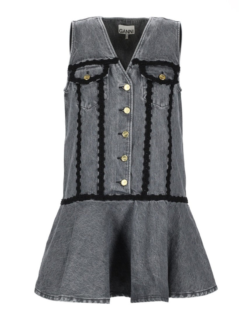Ganni Washed Grey Gold Buttons Mini Dress