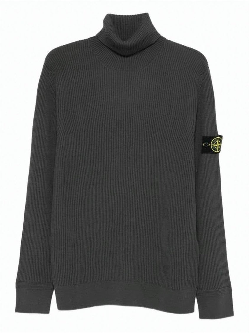 Stone Island Ribbed Knit Turtleneck Sweater With Compass Logo