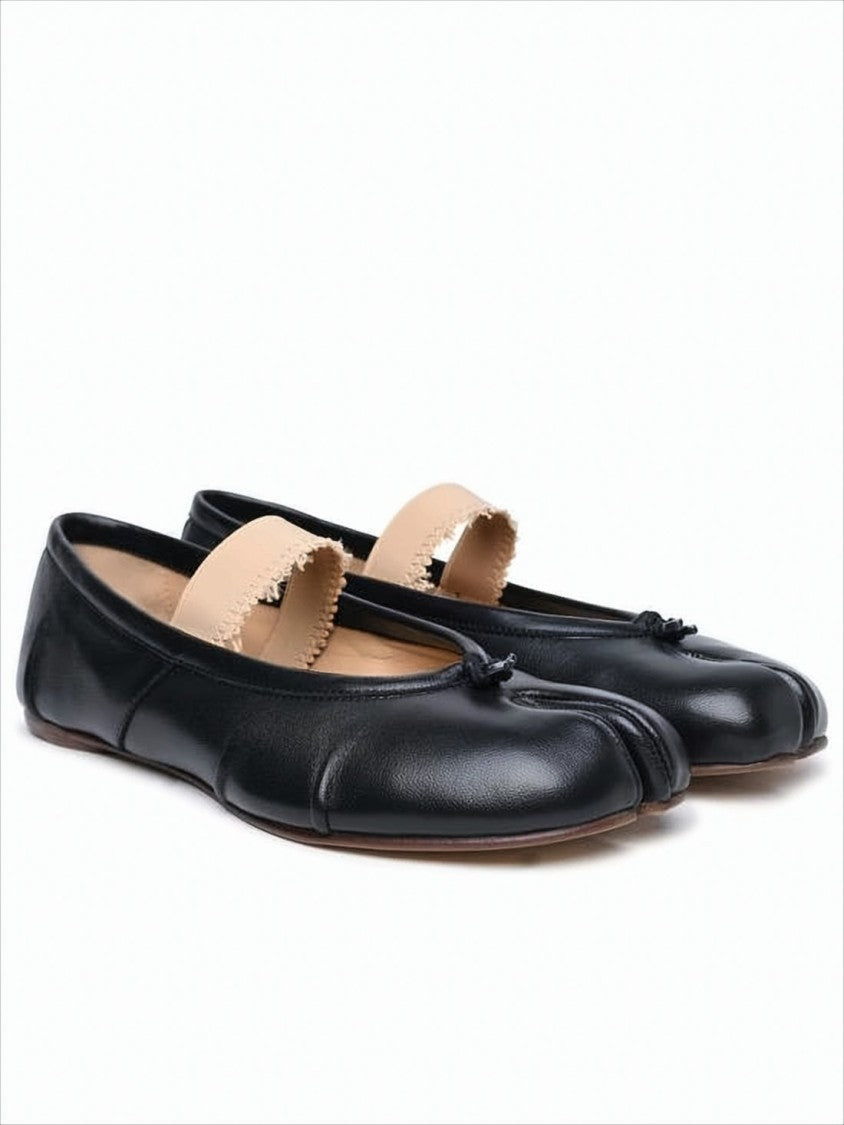 Maison Margiela Split-Toe Black Leather Flats With Beige Strap Detail