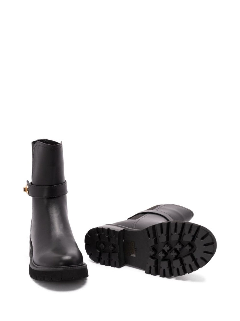 Twin-Set Smooth Leather Ankle Boots With Gold-Tone Buckle Accents