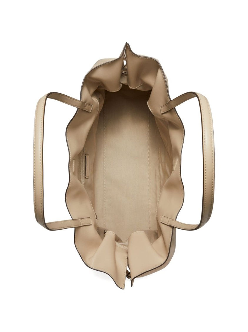 Tory Burch Gathered Beige Shoulder Bag With Drawstring Accents And Dual Straps