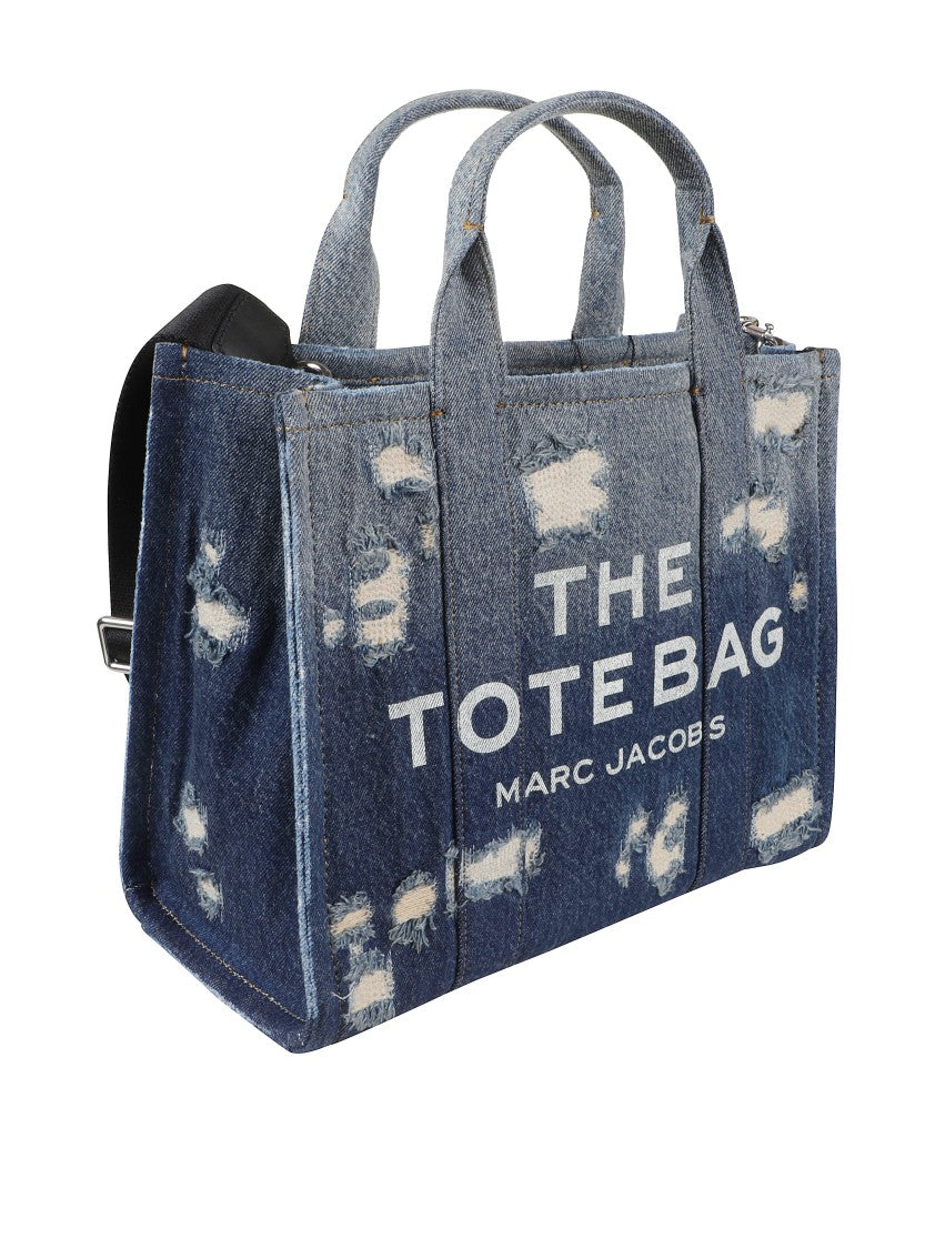 Marc Jacobs Distressed Denim Tote Bag With Bold Logo And Versatile Carrying Options