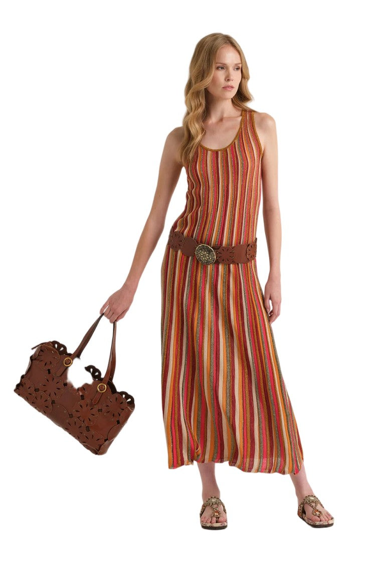 Maliparmi Lurex Textured Striped Sinuous Flared Dress