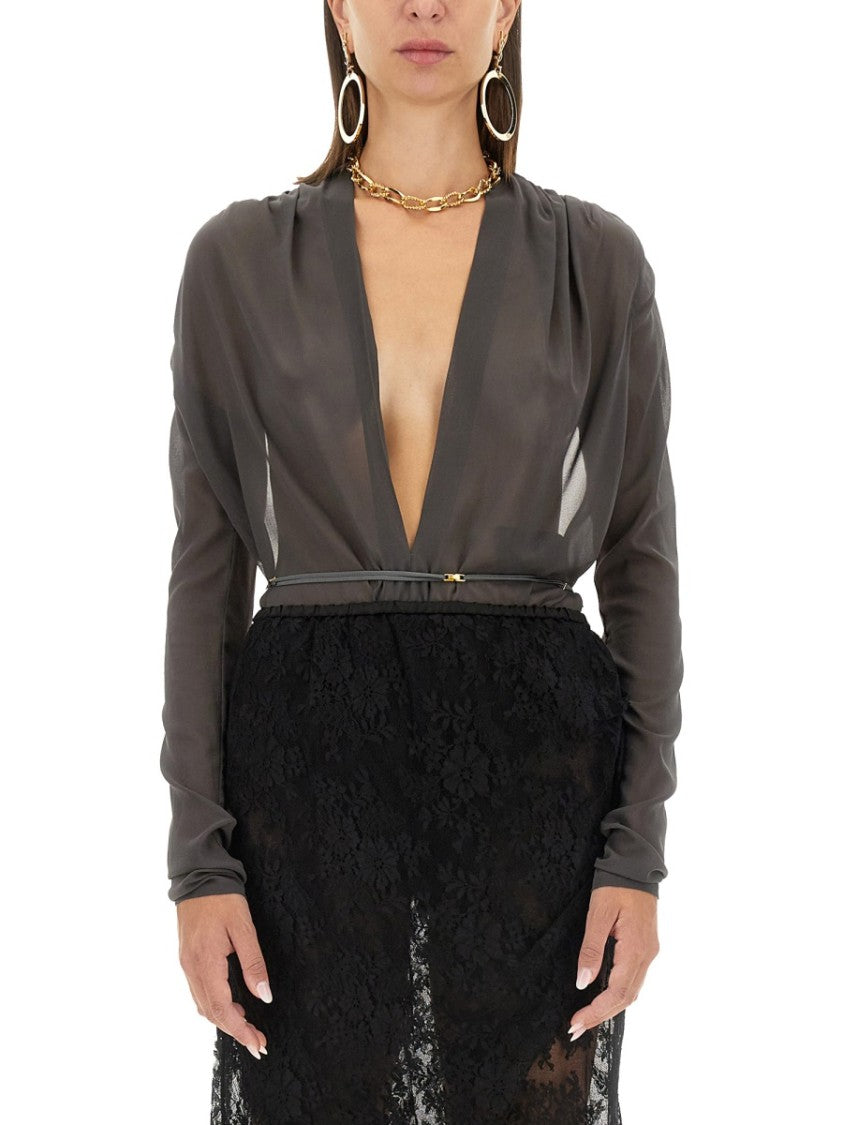 Saint Laurent Deep Plunge Silk Bodysuit With Sheer Sleeves