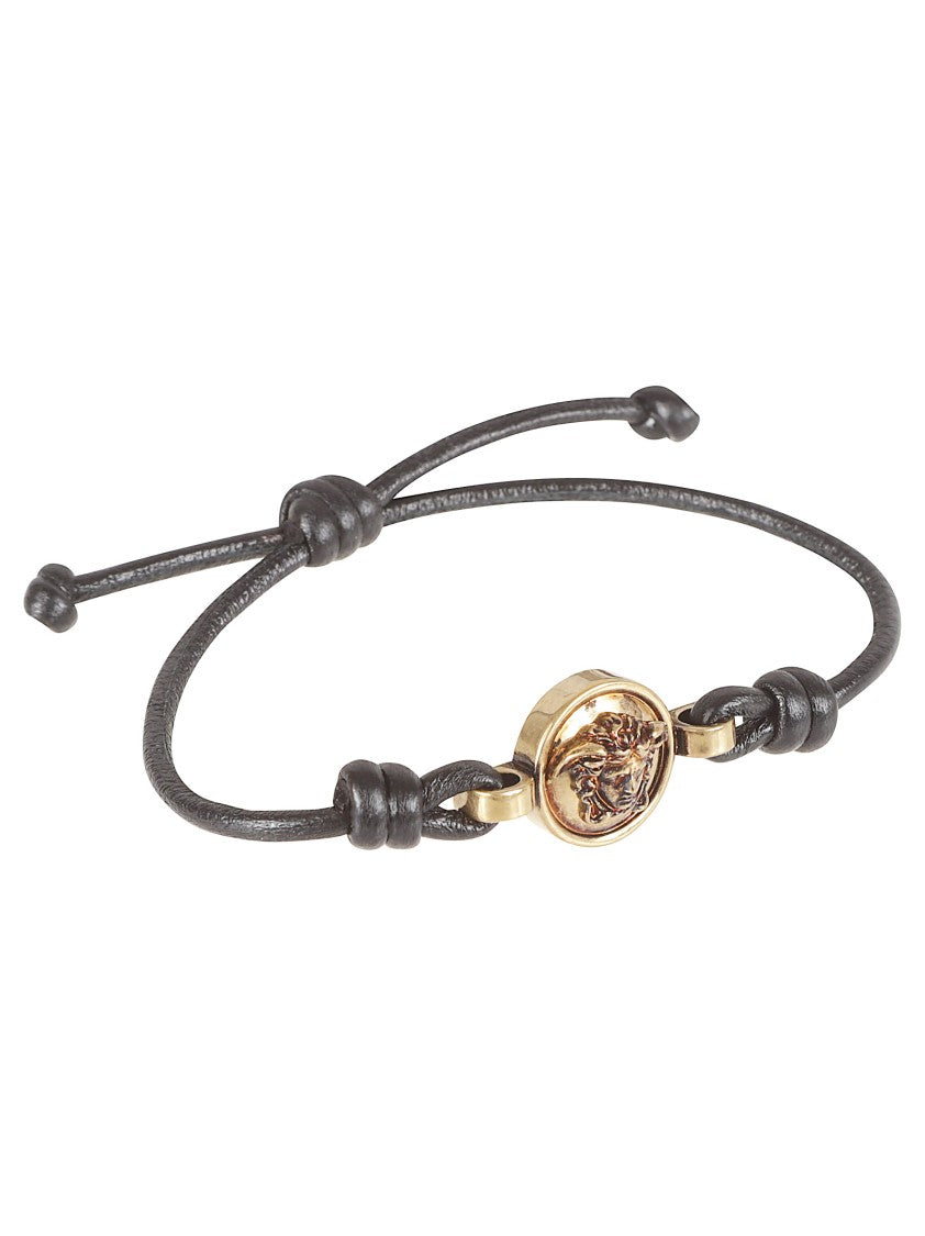 Versace Adjustable Black Leather Bracelet With Three-Dimensional Medusa Emblem